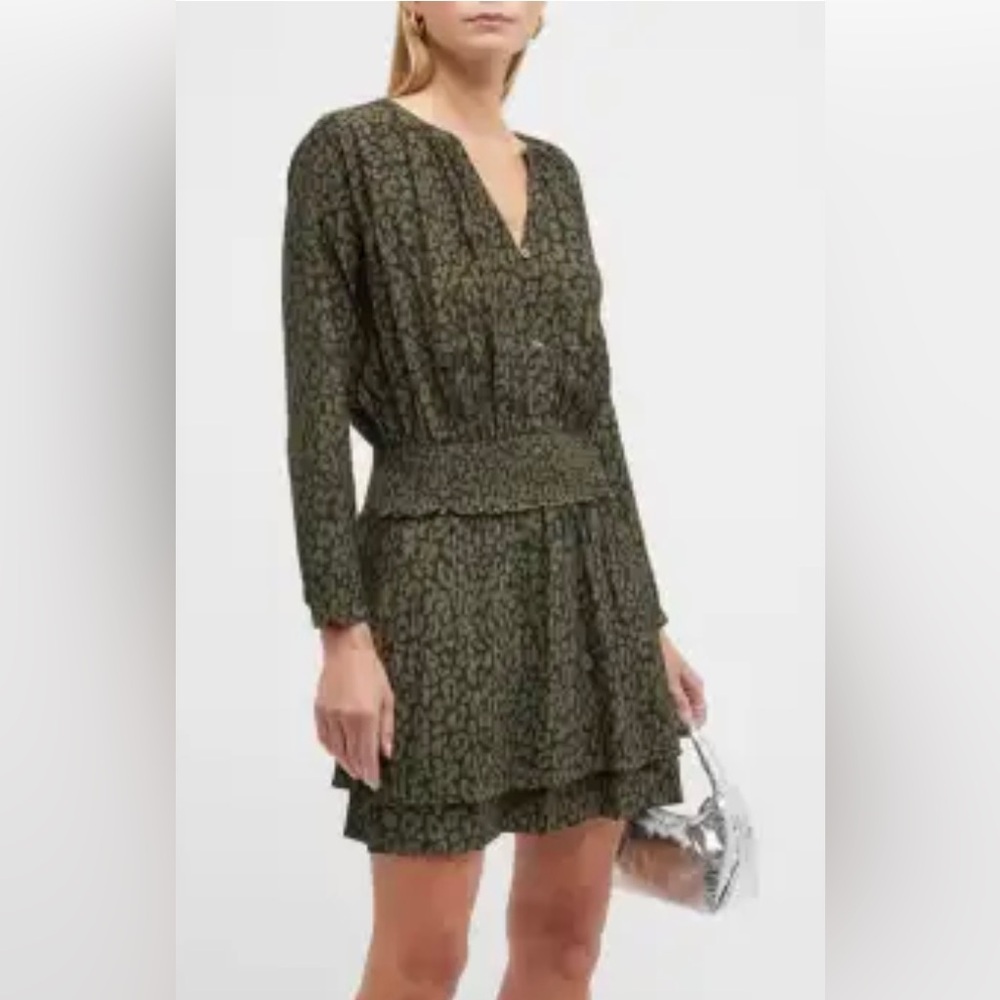Rails Jasmine Dark Olive Green Batik Cheetah Smocked Waist Long Sleeve Dress -XS